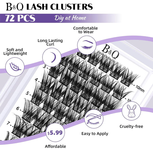 B&Qaugen Lash Clusters 72 PCS Individual Lashes 10-16mm B&Q Eyelash C D Curl Mixed Cluster Extensions Natural Wispy Beginner Reusable Extension Lasting Lash(FD-DV02-MIX)