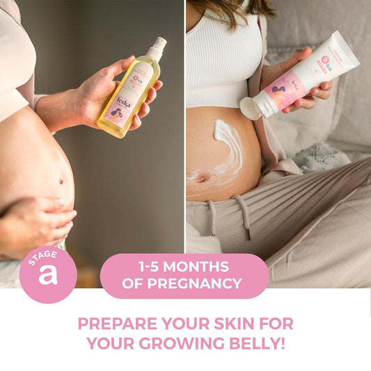Leska Maternity Set | Belly Lotion, Belly Oil, Stretch Mark Defense Cream & Belly Butter, Toning Gel | Maternity Stages Skin Care for Pregnancy & Postpartum |New Mom Gifts (Set of 5, 4-4.93oz each)