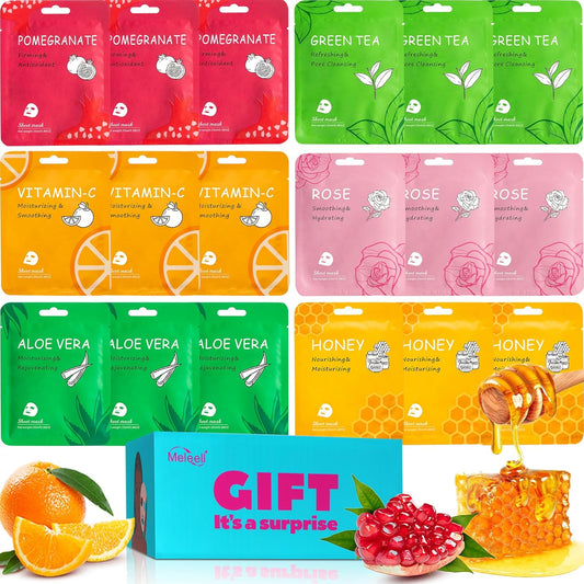 18 Pack Collagen Face Masks Skincare Bulk,Hydrating Spa Face Mask Beauty for Sensitive Skin,Sheet Mask for Skin Care, Facial Mask Sets Birthday Party Gifts for Women/Teen Girls/Kids