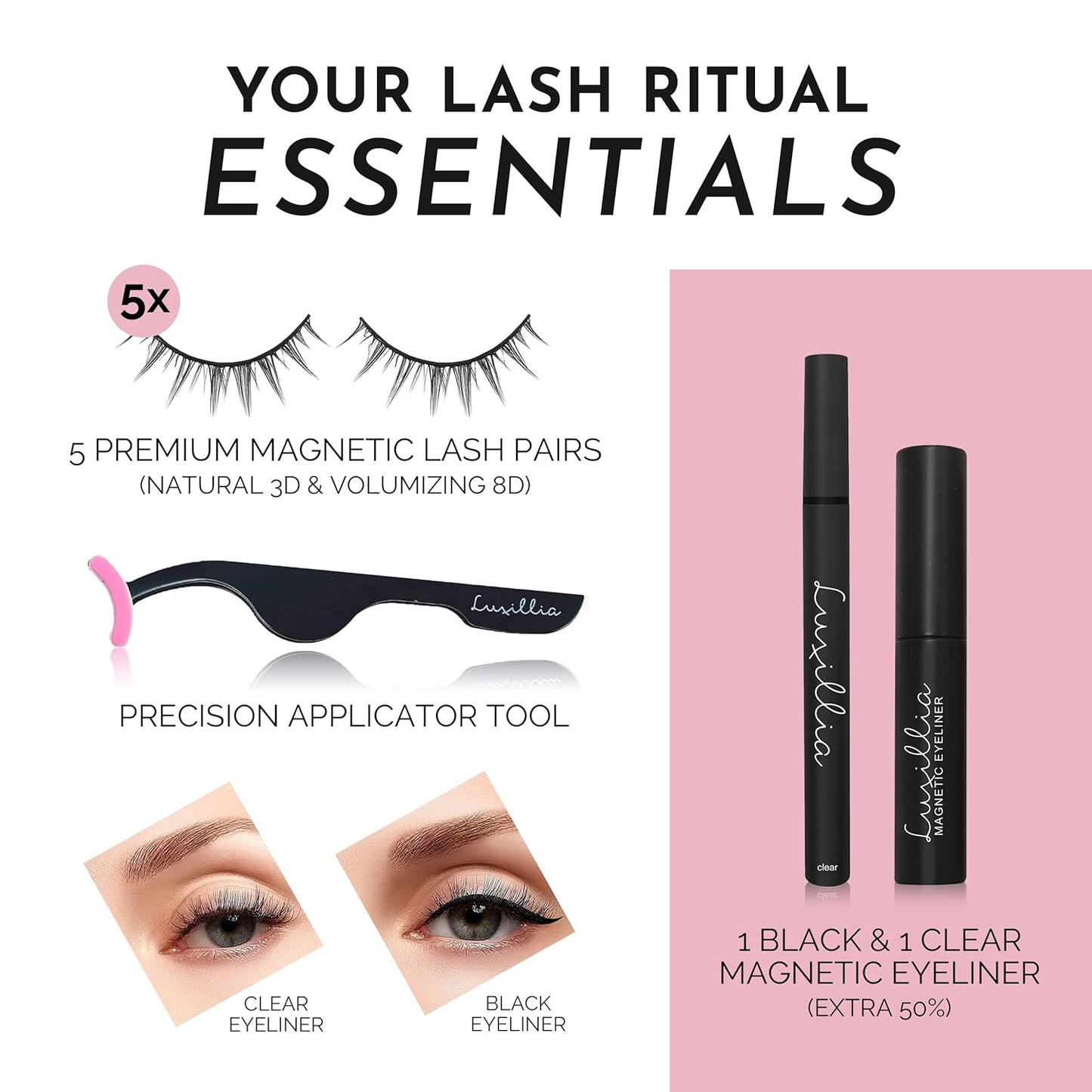 Luxillia Magnetic Eyelashes Kit – 8 Piece (Clear & Black) Magnetic Eyelash & Eyeliner Set with Applicator – Natural Look Easy Apply Reusable Fake Extension Lashes, No Glue Magnéticas Naturales