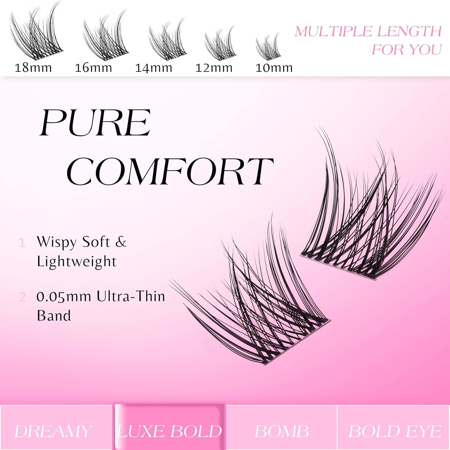 VEYESBEAUTY Lash Clusters Individual Eyelash Extensions Thin & Invisible Band DIY False Eyelashes for Self-application Newbie's Five-Second Series Wispy Lash Tray, LuxeBold 14mm Single Length