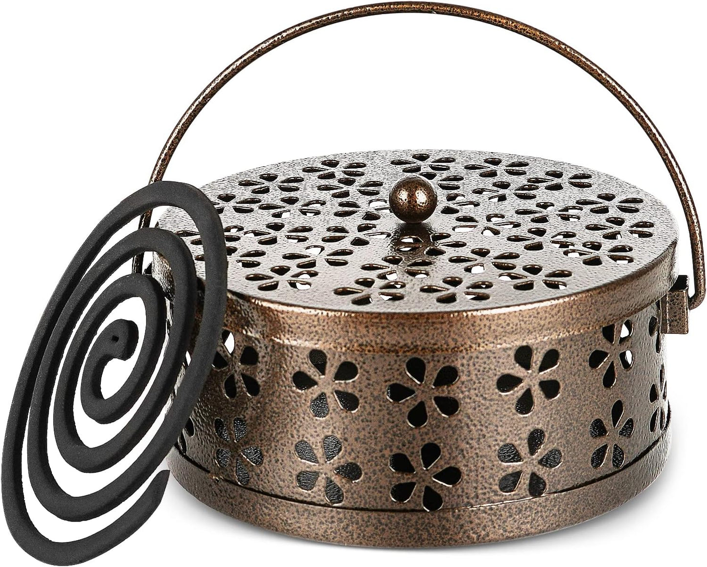 Portable Iron Mosquito Coil Holder with Handle Round Heat-Resistant Incense Holder (Bronze)