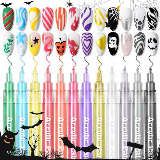 Born Pretty 12 Colors Nail Art Pens Set, Halloween Black White Orange Purple Colors 3D Acrylic Nail Polish Pens Quick Dry Nail Markers for Halloween Drawing Painting Dotting Pen DIY Manicure Tools