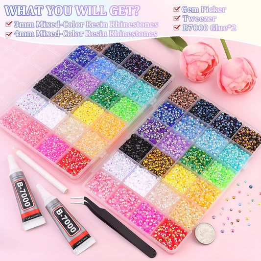 2 Boxes Jelly Rhinestones for Bedazzling, 36600Pcs 3mm & 4mm Multicolor Flatback Resin Gems for Crafting, Bedazzler Kit with 2Pcs 10ml B7000 Jewelry Glue for DIY Crafts Book Fabric Decor Nail Art