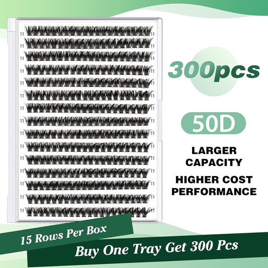 KEYYOU Lash Clusters 300pcs Individual False Eyelashes 50D-0.07D Curl 11mm DIY Eyelash Extension Soft&Natural Cluster Lashes (Black, Flexible and Lightweight)
