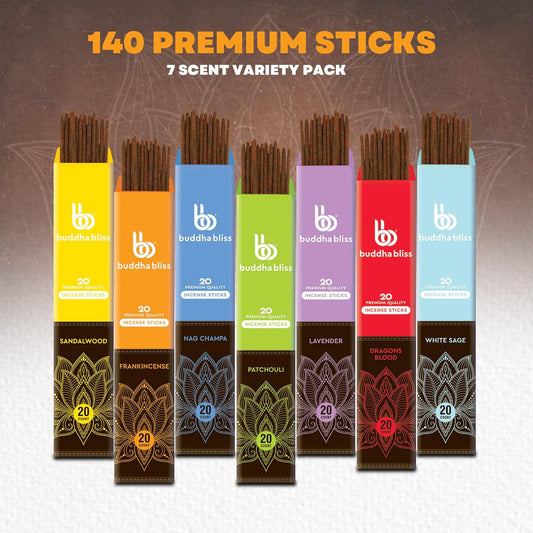 Mecka Buddha Bliss Incense Sticks - Set of 7 | 140 Sticks for Aromatherapy & Relaxation - Nag Champa, Frankincense, Sandalwood, White Sage Inscent | Natural Non Toxic Premium Long Burn Insenses