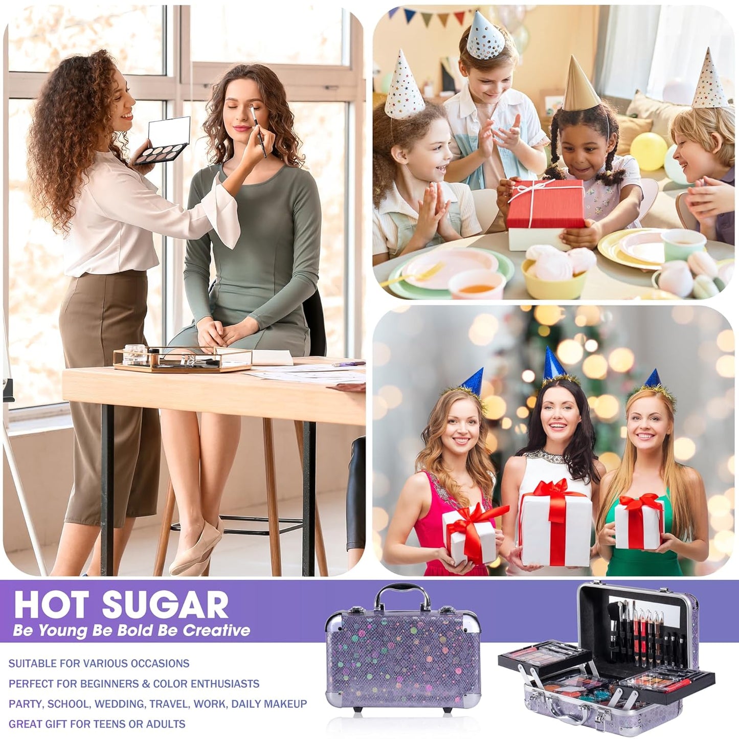 Hot Sugar Makeup Kit for Girls 10-12, Teen Girls Makeup Set for Beginners With Eye Shadow Palette, Blush, Lip Gloss, Brush, Mirror (Colored Bubble)