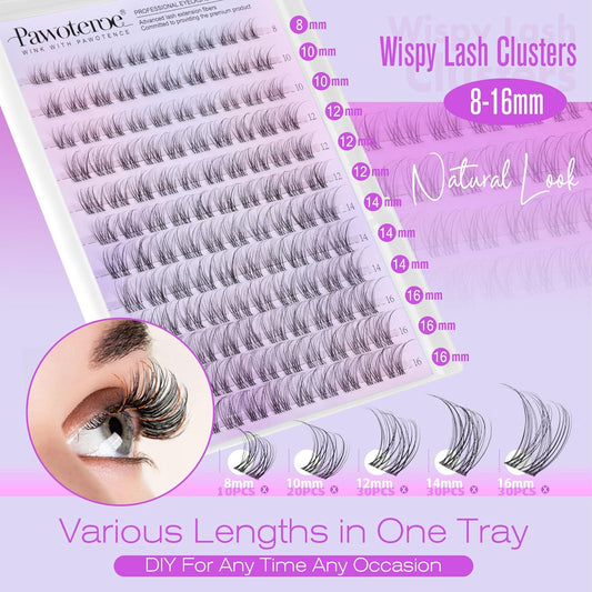 Pawotence Wispy Lash Clusters Natural Eyelash Clusters Invisible Band Individual Lashes 8-16mm Cluster Lashes Extension DIY Soft Comfortable False Eyelashes Cluster Natural Look