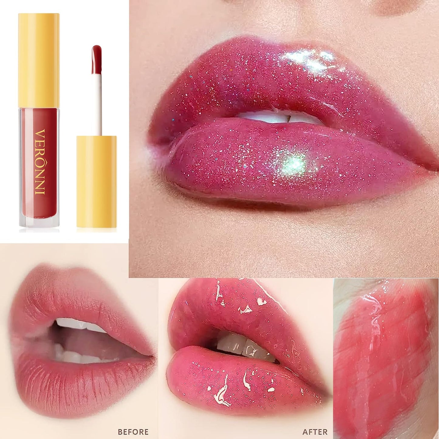 VERONNI 6 Colors Lip Tinted Stain Gloss Set,Hydrating Plumping Liquid Lipstick Set,Moisturizing Clear Lip Oil For Dry Lips,Nourishing Water Glossy Glass Lip Oil Gloss Lip Tint (6 Colors)