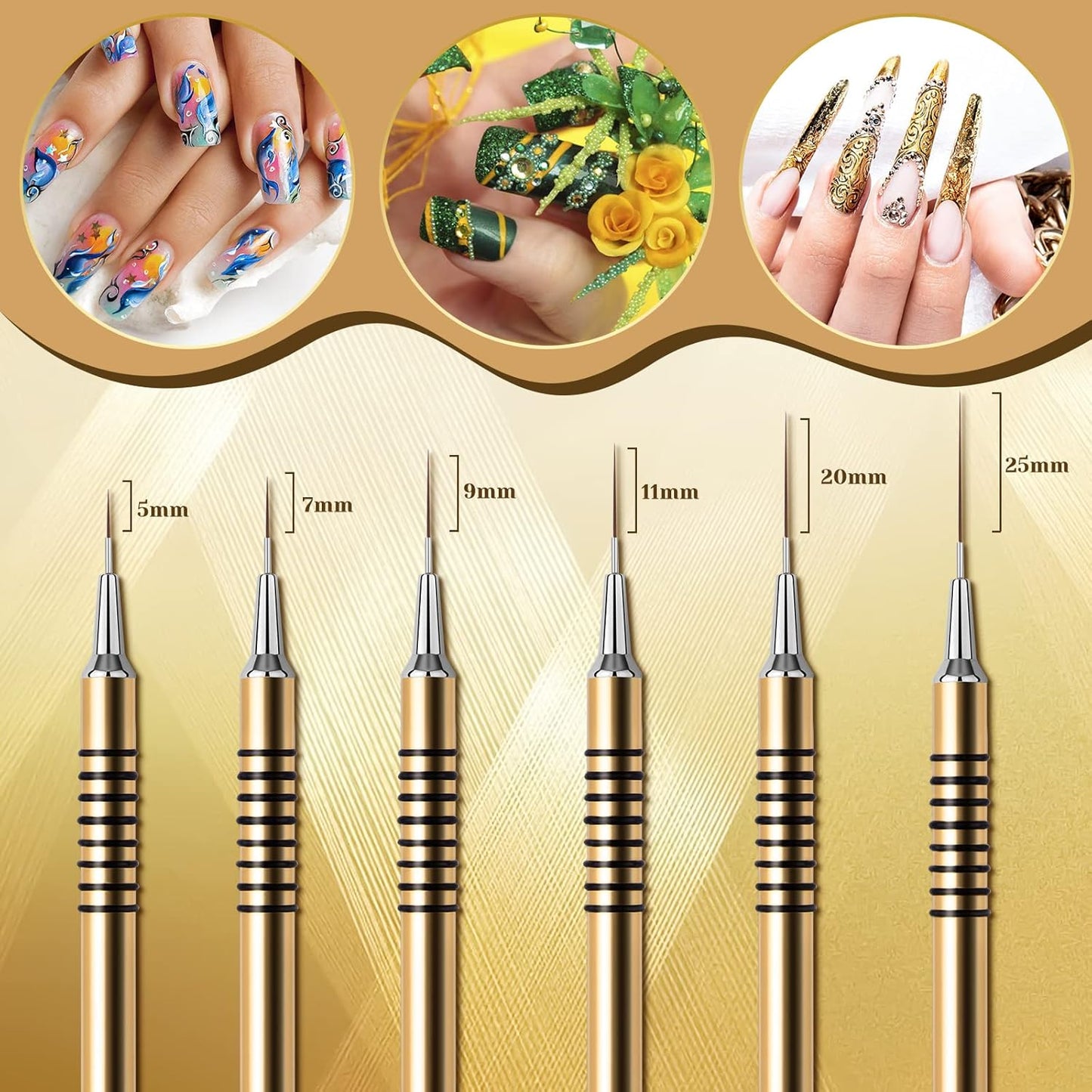 Nail Art Liner Brushes Set, 6Pcs Nail Art Design Brush Striping Thin Long Lines Dotting Drawing Pen, UV Gel Polish Painting Metal Handle Striper Brushes Size 5/7/9/11/20/25mm