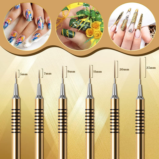 Nail Art Liner Brushes Set, 6Pcs Nail Art Design Brush Striping Thin Long Lines Dotting Drawing Pen, UV Gel Polish Painting Metal Handle Striper Brushes Size 5/7/9/11/20/25mm