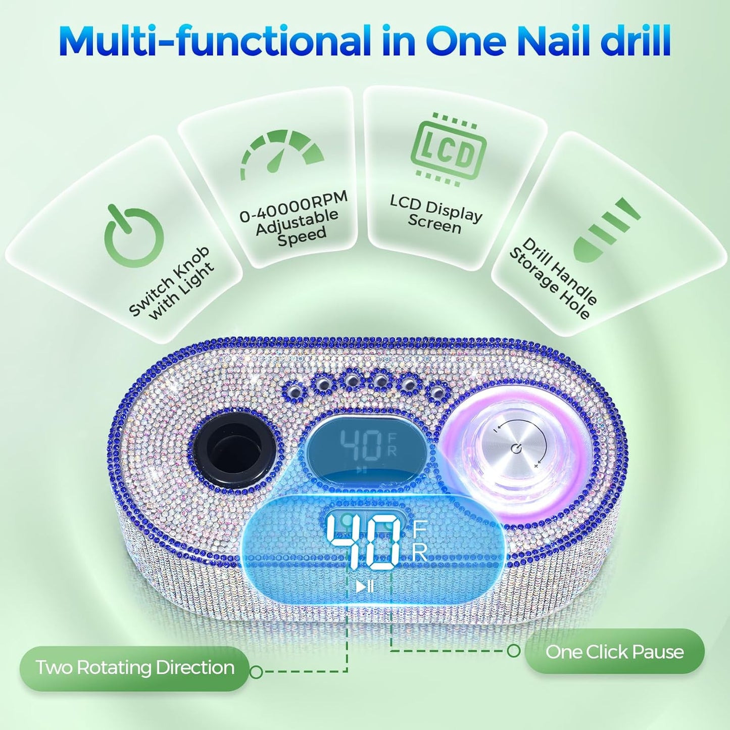 Nail Drill Electric File: DEDNMSCA Sparkly Professional Nail Drill Kit, 40000RPM E-File Machine with 12 Drill Bits for Acrylic Nails Remove Nail Gel Polish Manicure for Salon Home, Diamond