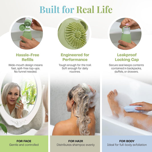Sumina Silicone Travel Bottles 3 Pack (3.4oz) – TSA-Approved Leak-Proof Toiletry Containers with 2-in-1 Built-In Exfoliating Scrubber – Refillable for Travel, Gym & Skincare