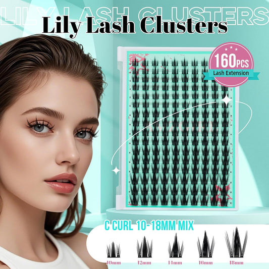 Lash Clusters 160PCS Fairy Eyelash Clusters with Manga Eyelashes Wide Stem Cluster Eyelash Extensions Natural Individual Lashes Cluster for Beginner Use at Home(Lily,C-Mix10-18mm)
