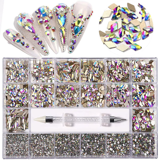 Nail Art Rhinestones, Nail Gems and Rhinestones Kit with Wax Pencil Flatback AB Rhinestones for Nails, Crafts, Makeup, Face, Clothes, Shoes