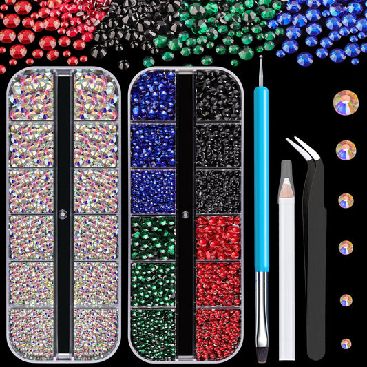 Rhinestones for Nails, Manicure Gem, Multi Size Flat Back Glass Crystal AB + Mixed Color Iridescent Gemstones Round Beads Gems for Professional Salon and DIY Nail Art with Pickup & Dotting Tools