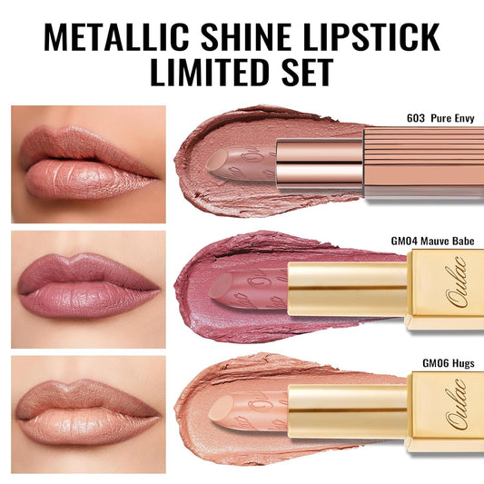 Oulac Metallic Nude Lipstick Set 3PCS, Comfortable Creamy Texture, Smooth No Grainy Feeling, Vegan & Gluten Free, Full-Coverage Lip Makeup, 3 X 4.3 g, 603+GM04+GM06