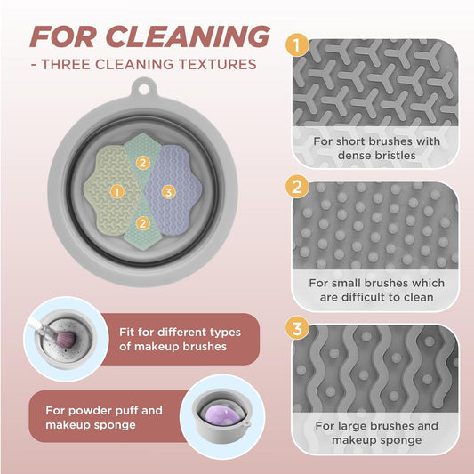 Makeup Brush Cleaner - Foldable Silicone Makeup Brush Cleaner Mat with Brush Storage Holder Makeup Brush Cleaning Bowl Cosmetic Brush Washing Tool for Cleaning Organizer and Drying (Grey)