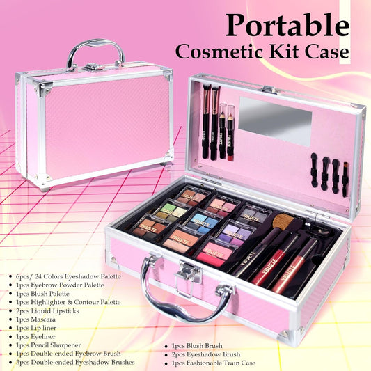 Makeup Kit for Teens Girls Women, Full Starter Cosmetics Set, Makeup Gift Set, Beginner Makeup Kit, Cosmetic Train Case For Women Full Kit, Included Eyeshadow Blusher Contour Eyebrow Powder