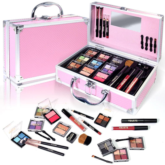 Makeup Kit for Teens Girls Women, Full Starter Cosmetics Set, Makeup Gift Set, Beginner Makeup Kit, Cosmetic Train Case For Women Full Kit, Included Eyeshadow Blusher Contour Eyebrow Powder