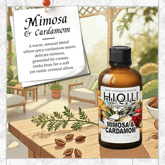HIQILI Mimosa & Cardamom Fragrance Oil for Candle & Soap Making,Ideal for Essential Oil Diffuser, DIY Perfume, Room Sprays - 1 Fl Oz