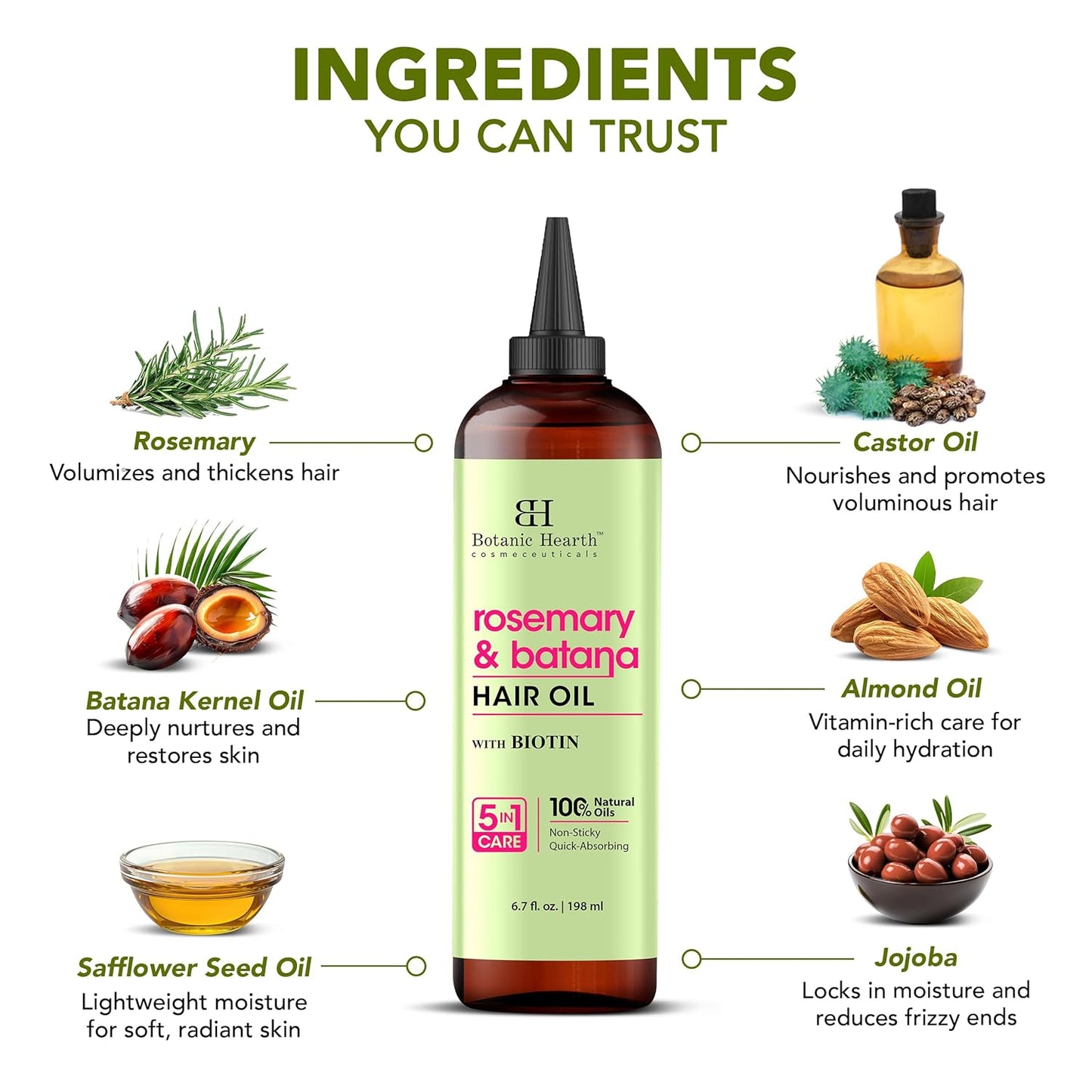 Botanic Hearth 100% Pure Rosemary Batana Oil For Hair Growth (6.7 fl oz)| Infused with Rosemary & Batana Oil | Hair Oil Repairs Dry Damaged Hair, Strengthening, Healthier Hair- Hair Tonic