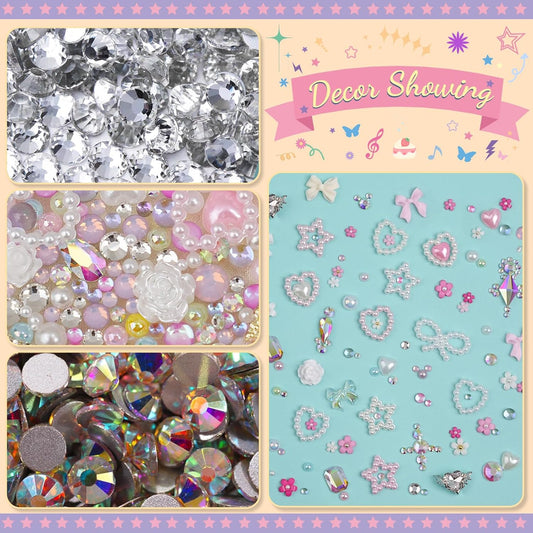 Rhinestones, AB Crystal Nail Gems Pink Opal Nail Rhinestones with Aurora Bubble Beads Pearls Star Heart Bows Nail Charms and Rhinestone Picker Tools for Kwaii Y2K Nail Art Decor - 3 Boxes