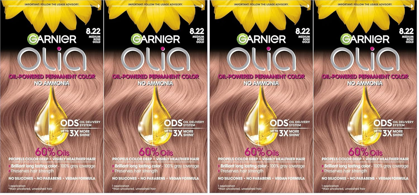 Garnier Hair Color Olia Ammonia-Free Brilliant Color Oil-Rich Permanent Hair Dye, 8.22 Medium Rose Gold, 2 Count (Packaging May Vary) (Pack of 2)
