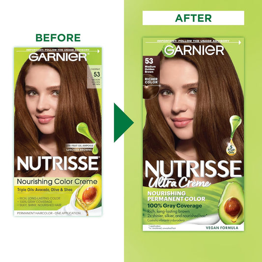 Garnier Hair Color Nutrisse Nourishing Creme, 53 Medium Golden Brown (Chestnut) Permanent Hair Dye, 2 Count (Packaging May Vary)