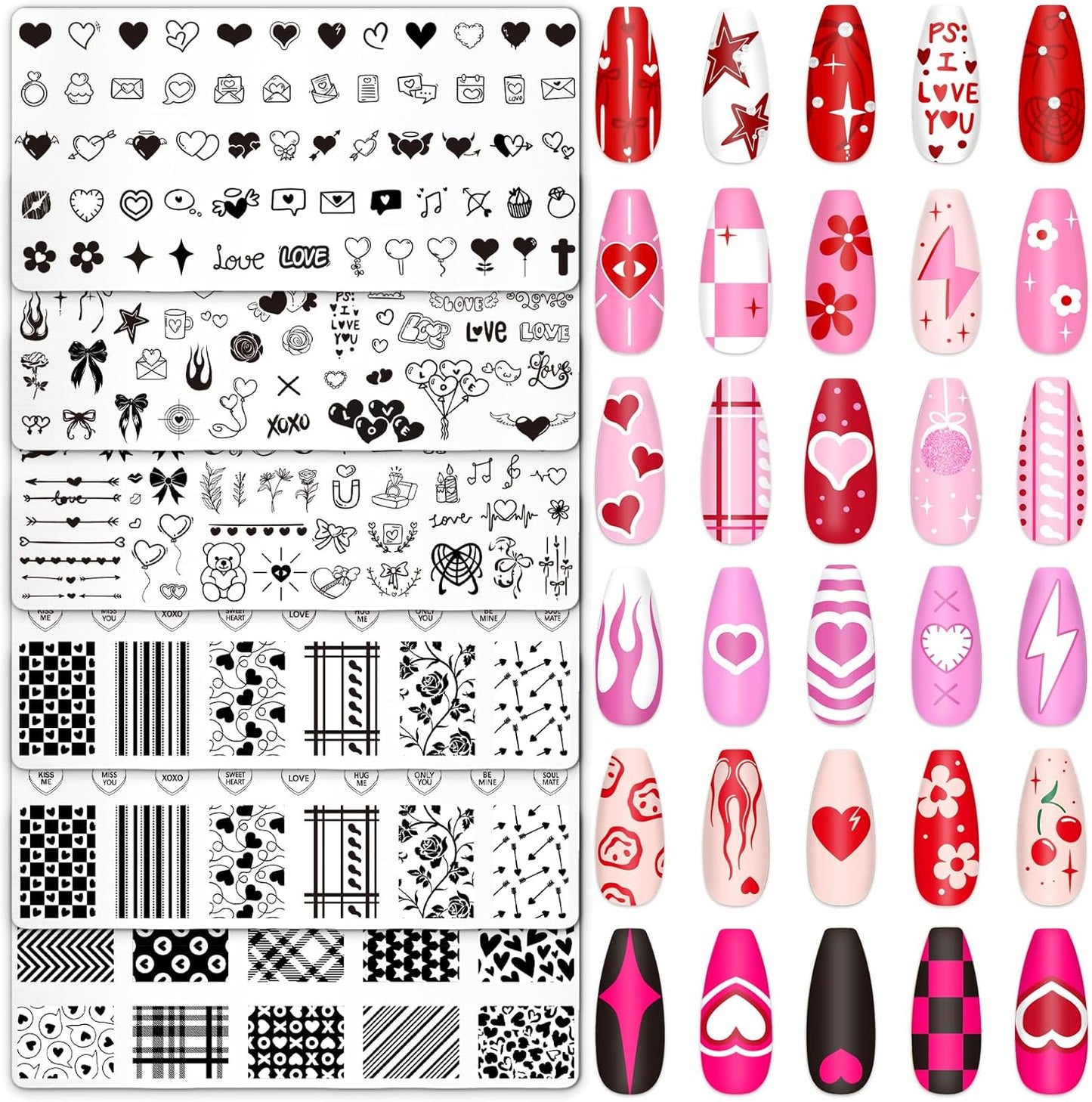 Whaline 6Pcs Happy Valentine Nail Plates Stamping Set Love Heart Stamp Templates Nail Art Plates for DIY Print Manicure Salon Design