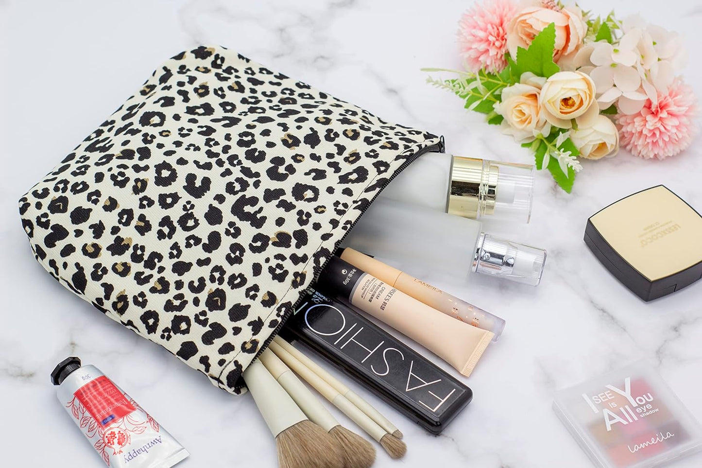 Makeup Bags for Purse Zipper Cosmetic Pouch Large Travel Canvas Make Up Organizer Tool Pouch for Women and Girls,Leopard Ivory