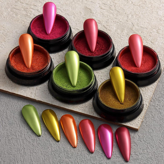 Chrome Nail Powder Set - Red, Green, Gold, Mirror Effect Glitter Powder - 6 Colors, Metallic Chrome Powder With 2PCS Silicone Applicator Brushes - Christmas Nail Design