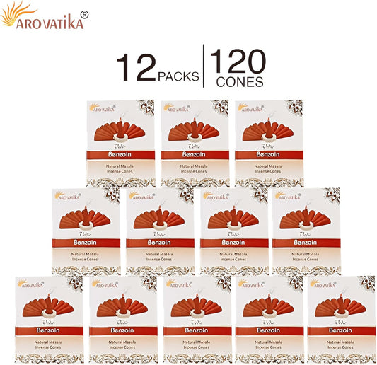 ARO VATIKA Vedic Benzoin Natural Masala 120 Incense Cones in Pack of 12 Boxes | Environment-Friendly Dhoop | Best for Prayer, Reiki, Meditation & Relaxation | Burn time- 25 mins
