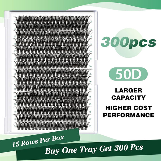Lash Clusters 300pcs Individual Lashes 50D 0.07D Curl 17mm DIY Eyelash Extension KEYYOU Large Tray Volume Soft&Natural Eyelash Clusters(50D-0.07D,17）