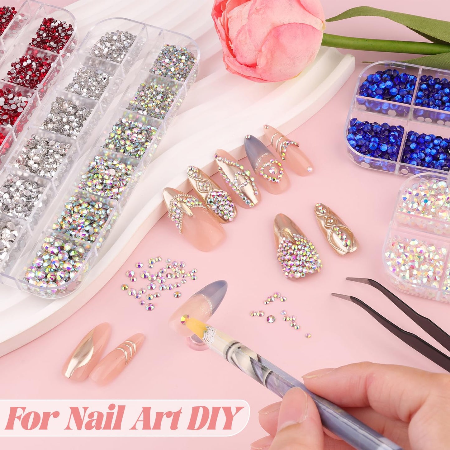 3600pcs Glass Transparent AB Nail Rhinestones 6 Sizes(1.8/2/2.4/2.8/3/4mm) Flatback Crystal Nail Charms Jewels Decoration for Nail Art and Crafting, Tweezer and Pickup Pen included