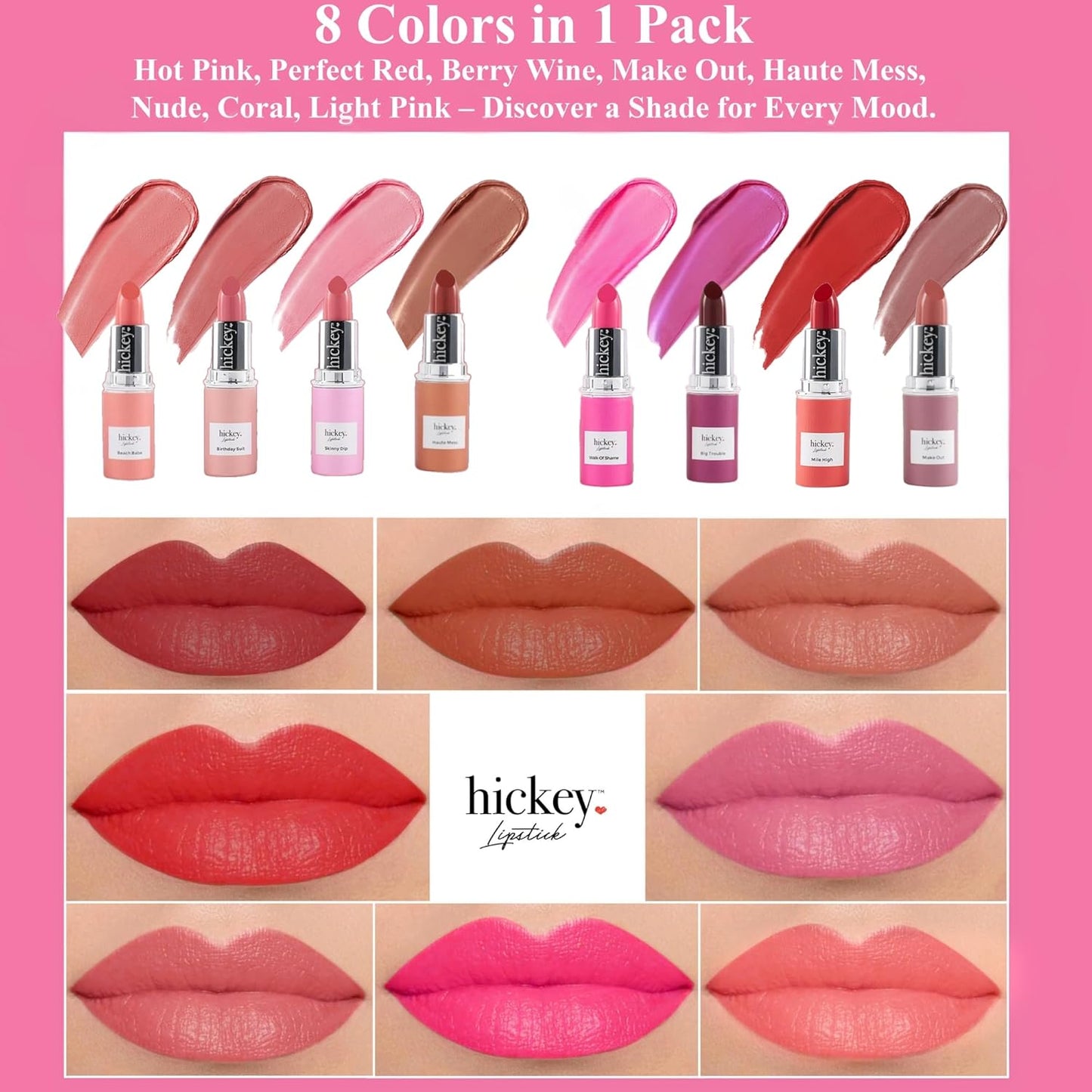 Hickey Lipstick Organic, Long Lasting Gluten Free Lipstick REFILL Collection THE VAULT COLLECTION - 8 Refill Shades Red, Hot Pink, Nude, Light Pink, Coral, Berry, Mauve, Terracotta