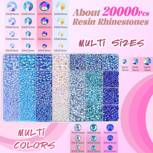 20000Pcs Blue Rhinestones for Bedazzling with 1Pcs B7000 Jewelry Glue, Resin Rhinestones for Crafting Crafts DIY, Bedazzler Kit Gems for Clothing Shoes Tumblers Nail Art Assorted Size 3/4/5/6mm
