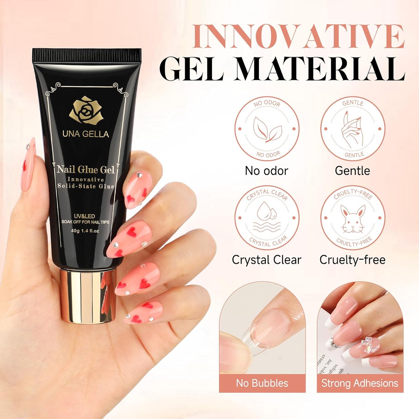 UNA GELLA Gel Nail Glue, Solid Nails Gl ue Gel 40ml Lamp Curing Needed Soak Off G LUE Strong Nail G LUE G el for Acrylic Fake Nails Tips Extension Press On Nails for Gelly Tips