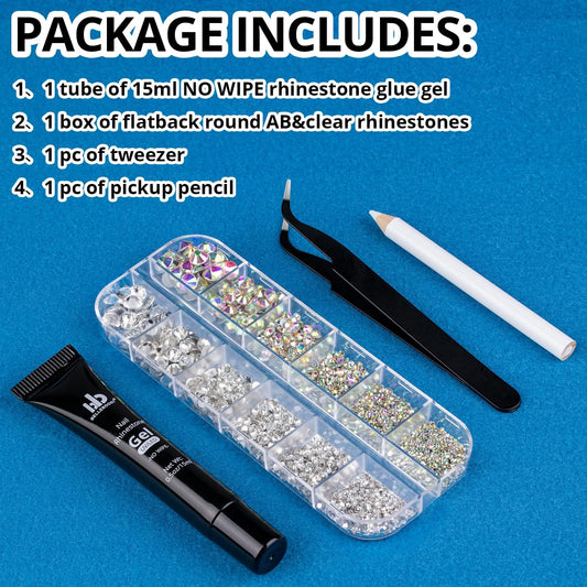 Nail Art Rhinestone Glue Gel&Flatback Gems Accessories Kit, 1 Tube of 15ml Rhinestone Gel Glue(UV/LED Needed)+1 Box of Flat-Back Round Glass Crystal AB&Clear Gemstones with Pickup Pencil and Tweezer