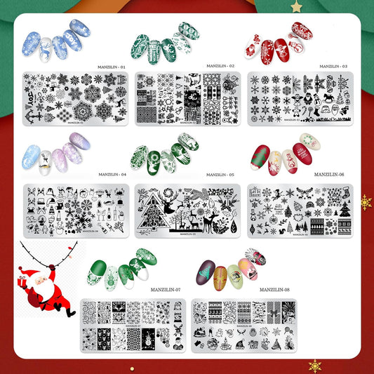 Christmas Nail Stamping Plates - Winter Stamp Kit with Snowflake, Santa Claus, Christmas Tree, Elk & Candy Bells Designs - DIY Stainless Steel Nail Image Polish Template Kit (8Pcs)