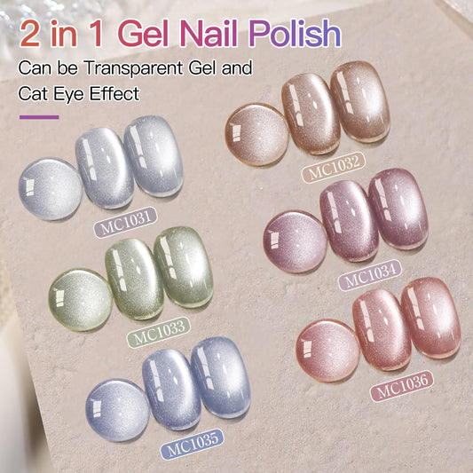 Double Rhythm 6 Colors Cat Eye Gel Polish Set Shimmer Glitter with Magnet Holographic Reflective Magnetic UV Nail Art Kit (Jelly Glass Silver Nude Pink-6-Kit 24)