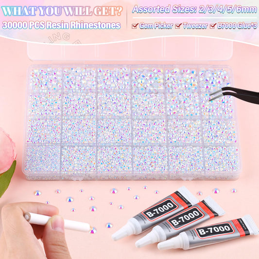30000Pcs Resin White AB Rhinestones for Bedazzling Crafting with b7000 Jewelry Glue, Bulk Flatback Gems Bedazzler Kit for Crafts Clothes Shoes Fabric Nail Diamond Art, Assorted Size 2/3/4/5/6mm