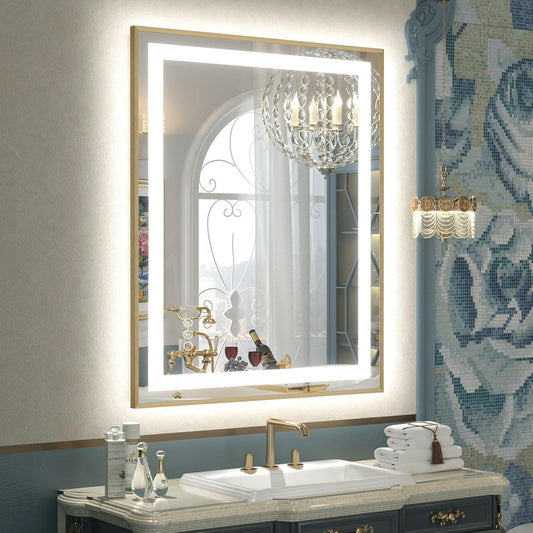 OKPAL 28x36 Gold LED Bathroom Mirror with Lights, Frontlit & Backlit Metal Framed Mirror, Lighted Bathroom Vanity Mirror, Anti-Fog, Dimmable 3 Colors, Shatterproof, Horizontal/Vertical