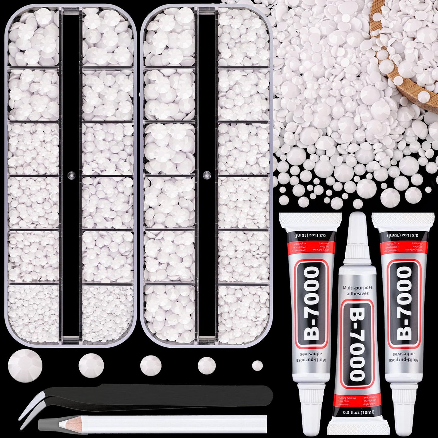 Resin Jelly Rhinestones for Crafting with B7000 Jewelry Glue, 2 Boxes White Flatback Crystals with 3Pcs 10ml Glue, Bedazzling Non Hotfix Gems for DIY Tumblers Clothing Shoes Manicure