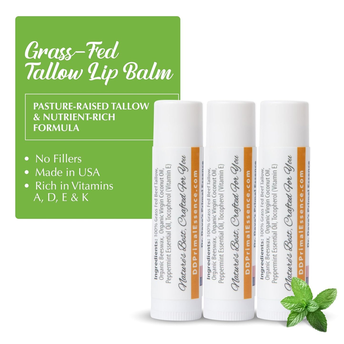 Moisturizing Tallow Lip Balm – Grass-Fed Beef Tallow with Organic Coconut Oil, Beeswax, and Vitamin E – Peppermint – Lip Balm Set – Travel Essential – 3-Pack