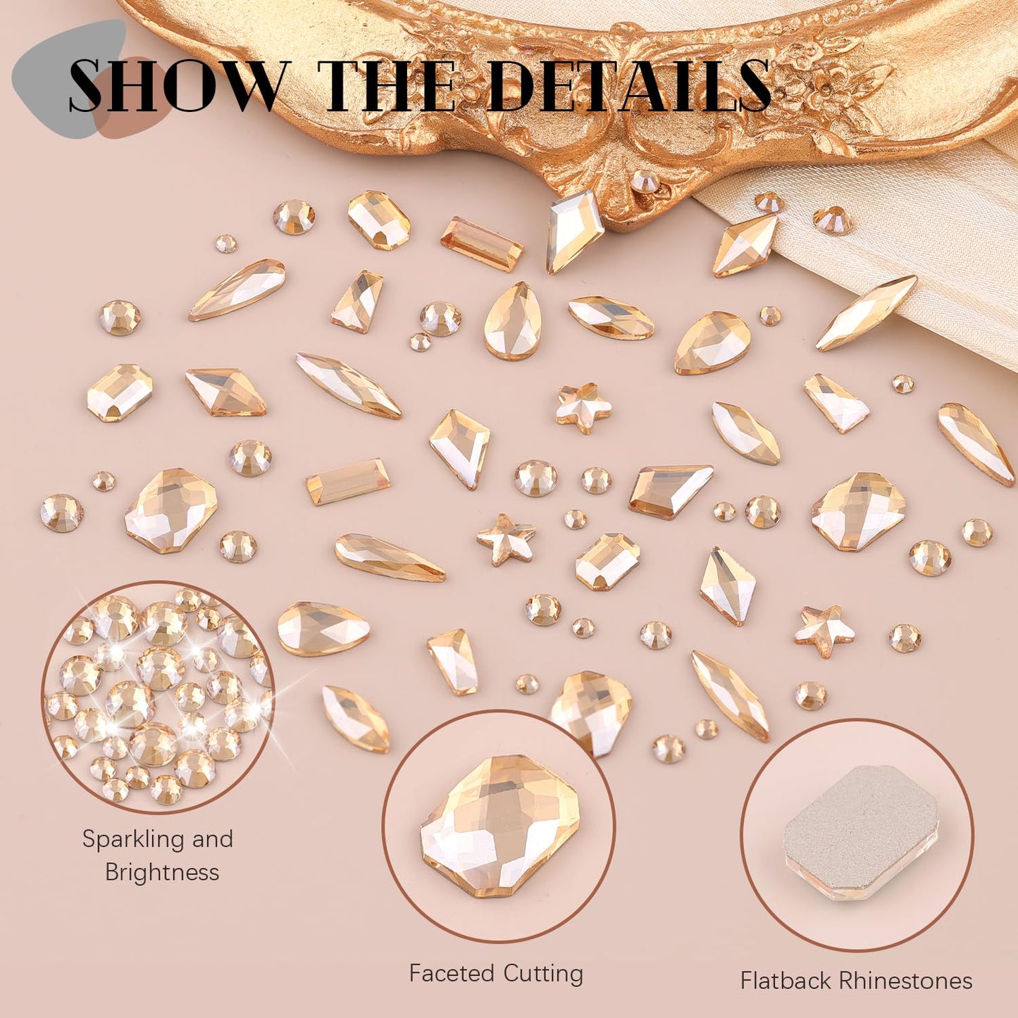 3220Pcs Gold Nail Rhinestones, 1.5-4mm Mini Flatback Crystal & 3D Multi Shapes Gems, Champagne Gold Charms Diamond Gemstones for Nails Decoration