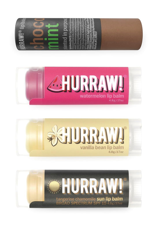 Hurraw! Lip Balms: Staff Favorites, 4 Balm Bundle Pack – Chocolate Mint, Watermelon, Vanilla Bean and Sun (SPF 15): Organic, Certified Vegan. 100% Natural Ingredients. Bee, Shea, Soy and Palm Free.