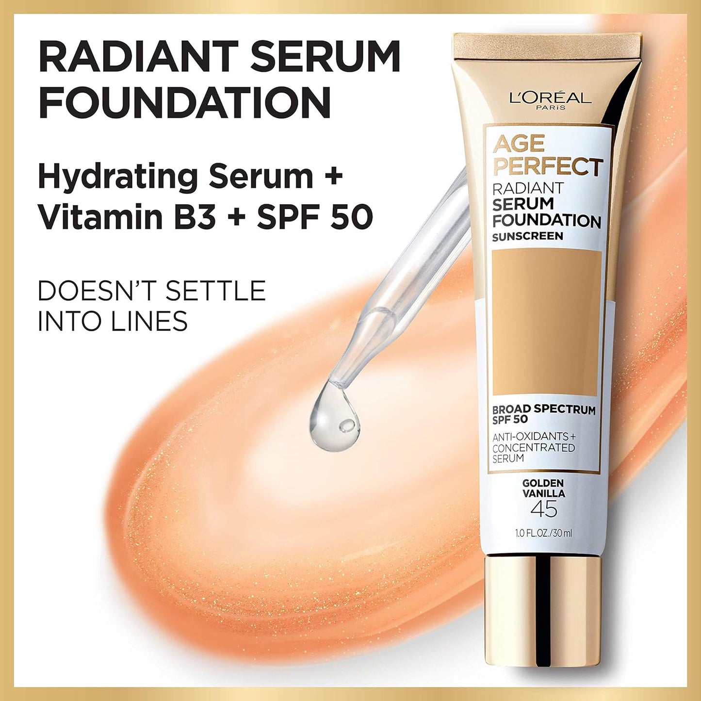 L'Oreal Paris Age Perfect Radiant Serum Foundation with SPF 50, Golden Sun, 1 Ounce