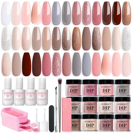 AZUREBEAUTY 31 Pcs Dip Powder Nail Kit 20 Colors Glitter Nude Brown Pink White Gray Dip Powder Liquid Set with Top/Base Coat Activator for French Nails Art Manicure DIY Salon Women Valentine's Gift
