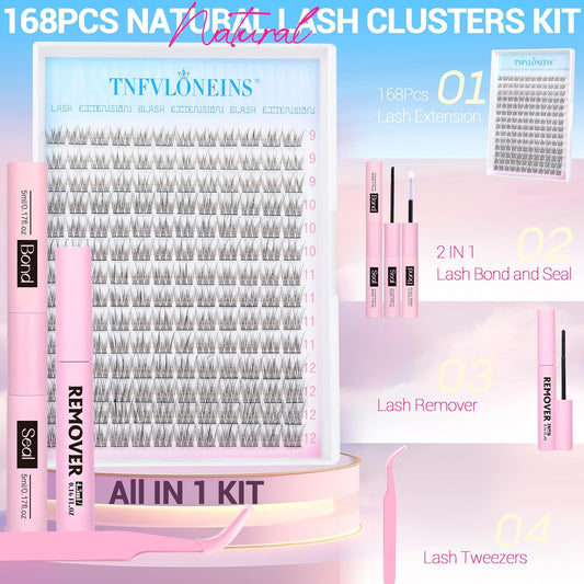 Natural Lash Extension Kit Wispy Lash Clusters Kit 168Pcs Eyelash Extension Kit 9-12MM Eyelash Clusters Lashes Individual Kit with Remover for Lash Extension, Bond and Seal and Tweezers by TNFVLONEINS